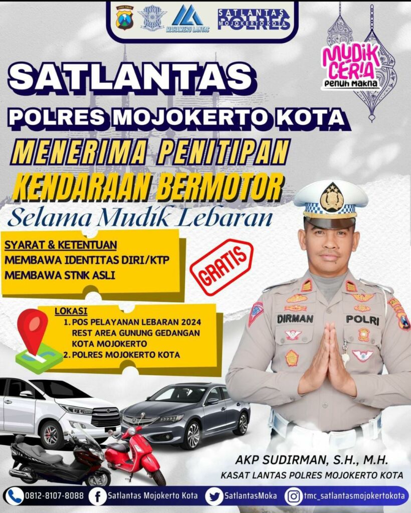 Kasatlantas Polres Mojokerto Kota beri layanan gratis penitipan kendaraan bermotor bagi pemudik.(dokumen Polresta Mojokerto)
