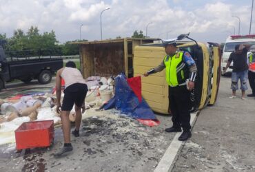Truk muat cat yang terguling di jalan tol Jombang - Mojokerto 707.(Dok. PJR Polda Jatim)