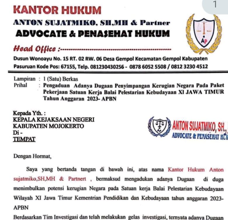 Surat aduan terhadap Balai Pelestarian Kebudayaan (BPK) wilayah XI Jawa Timur.