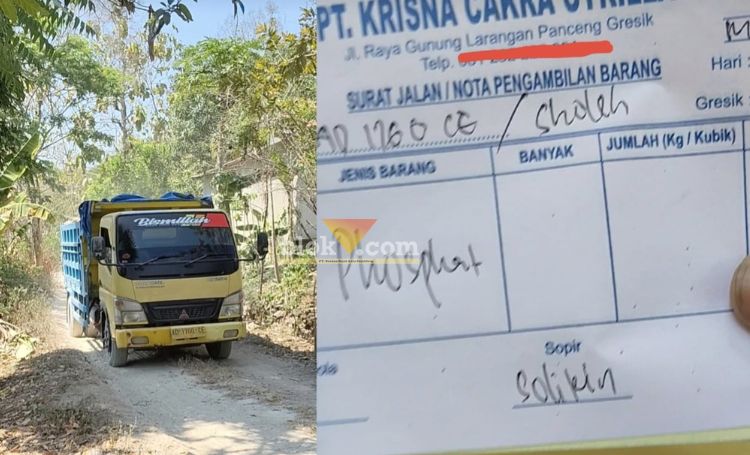 Salah satu dump truk bermuatan batu fosfat (kiri), surat jalan fosfat PT KCC (kanan) dari tambang bukit larangan, Desa Prupuh, Panceng, Gresik.(blok-a.com/ivan)