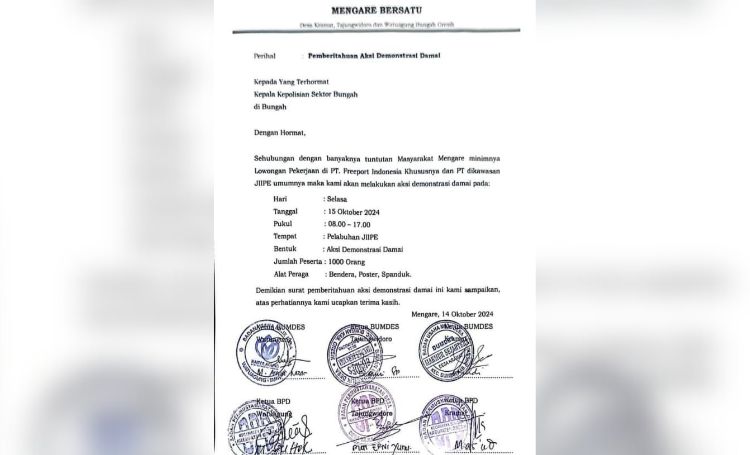 Surat pemberitahuan aksi unjuk rasa Masyarakat Mengare Bersatu di PT Freeport Indonesia Kawasan JIIPE, Gresik.