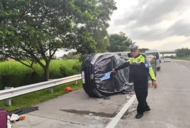 Mobil Toyota Innova reborn yang terbalik di ruas tol JoMo km 704/600 jalur A.(Dokumen PJR 3 Polda Jatim)