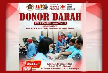 Event donor darah memperingati Hari Pers Nasional 2026 yang digelar oleh PWI Jawa Timur bekerja sama dengan PMI Kota Surabaya dan Yayasan Wings Peduli