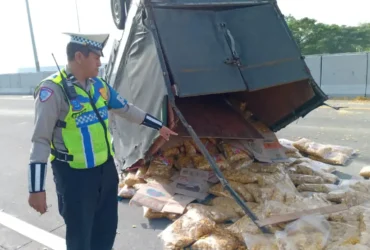 Petugas dari kepolisian PJR 3 Polda Jatim saat olah TKP kecelakaan pikap di ruas tol SuMo.(Foto:Dokumen PJR 3 Polda Jatim)